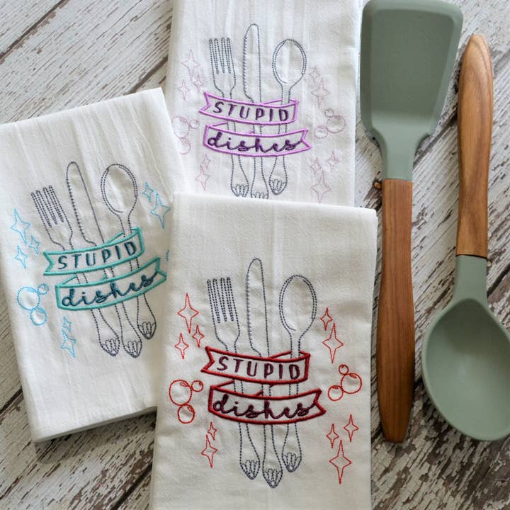 SewMuchMoreStore - Wholesale Tea Towel - CLEARANCE - Stupid Dishes Tea Towel, Embroidered Floursack7