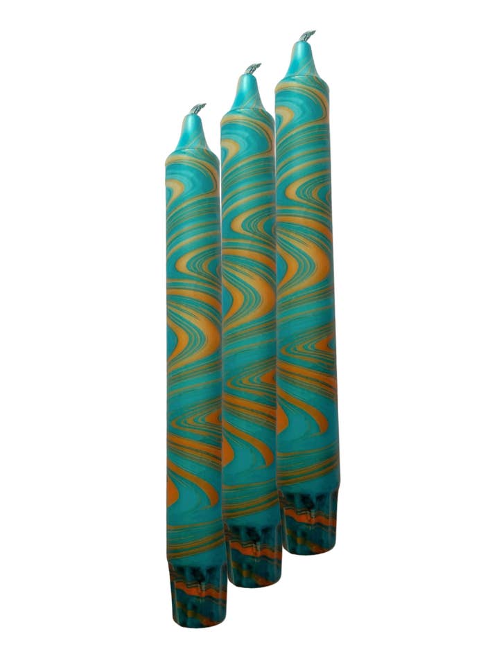 Marble taper candles|turquoise-orange|Vegan Stearin | MB-025 for wholesale by Galleria Lucia