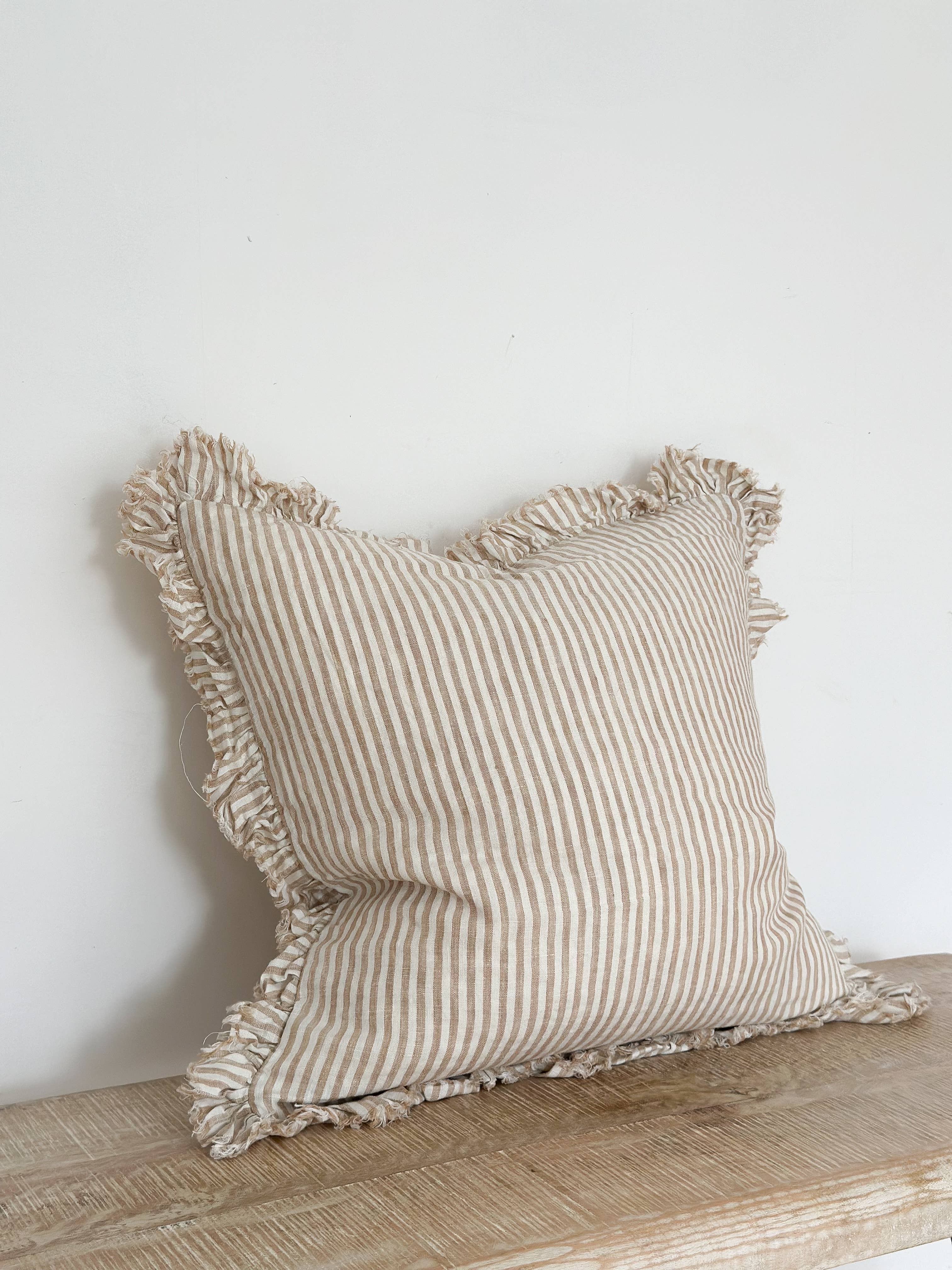 Ellenvale Trade - Wholesale Throw Pillow Cover - Hallie Ruffle Linen Cushion Cover – Light Brown Stripe 2