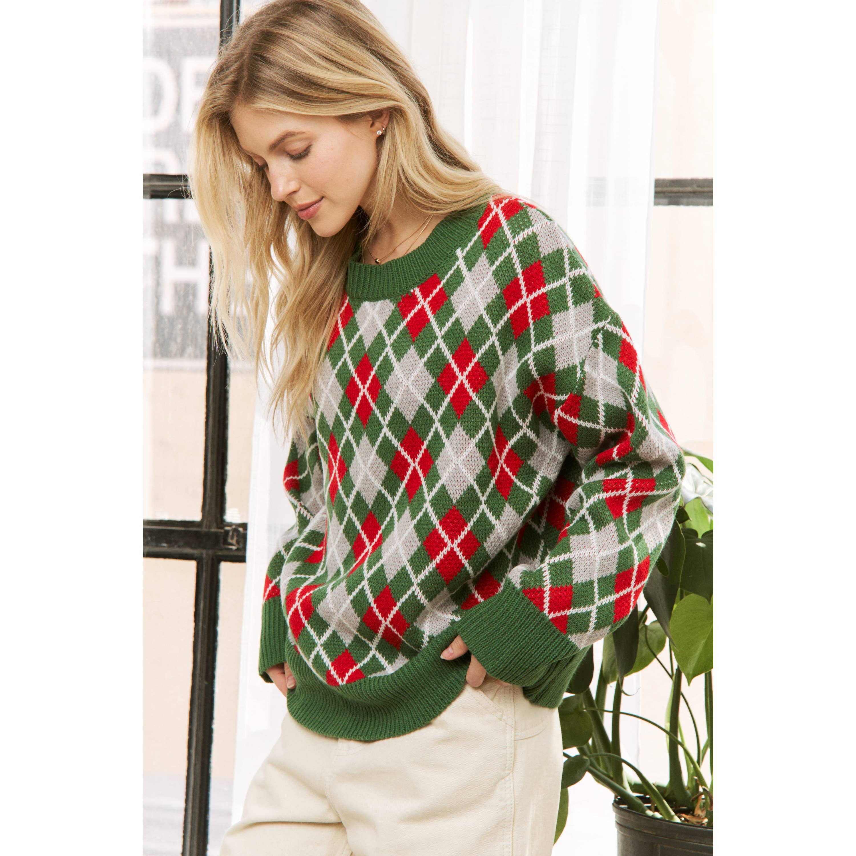 Sweet Generis - Wholesale Knit Sweater - Women's - HOLIDAY ARGYLE PATTERN DROP SHOULDER PULLOVER SWEATER16