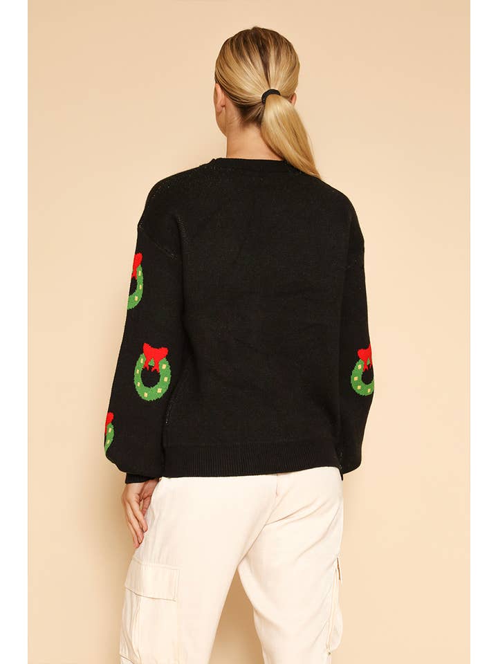 Black multi All over wreath holiday knit sweater for wholesale on Faire