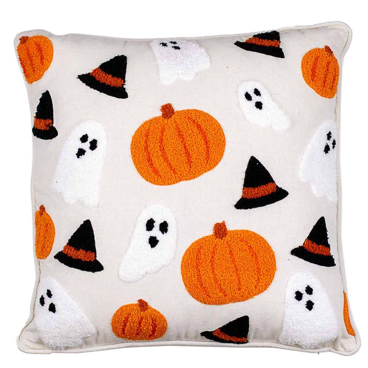 The Royal Standard - Wholesale Throw/Decorative Pillow - Halloween Fun Embroidered Pillow Soft White/Orange/Black 16x16