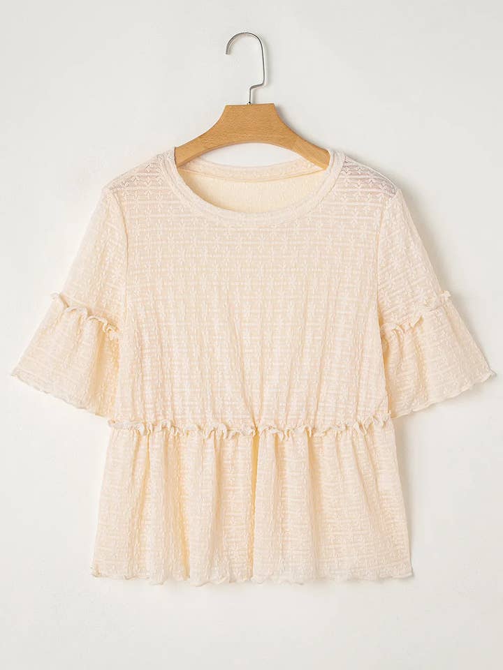 Beige Solid Color Textured Ruffled Short Sleeve Blouse for wholesale on Faire