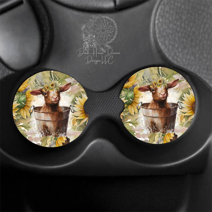 Baby Goat / Kid / Sunflower Bath Time Car Coasters for wholesale by Dark Horse Dream Designs LLC