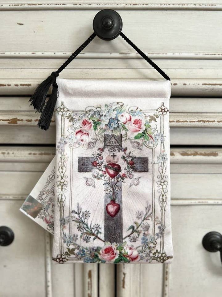 Old Cross and Hearts Velvet Blessing Carrier, HD Image for wholesale by Made By Catholics