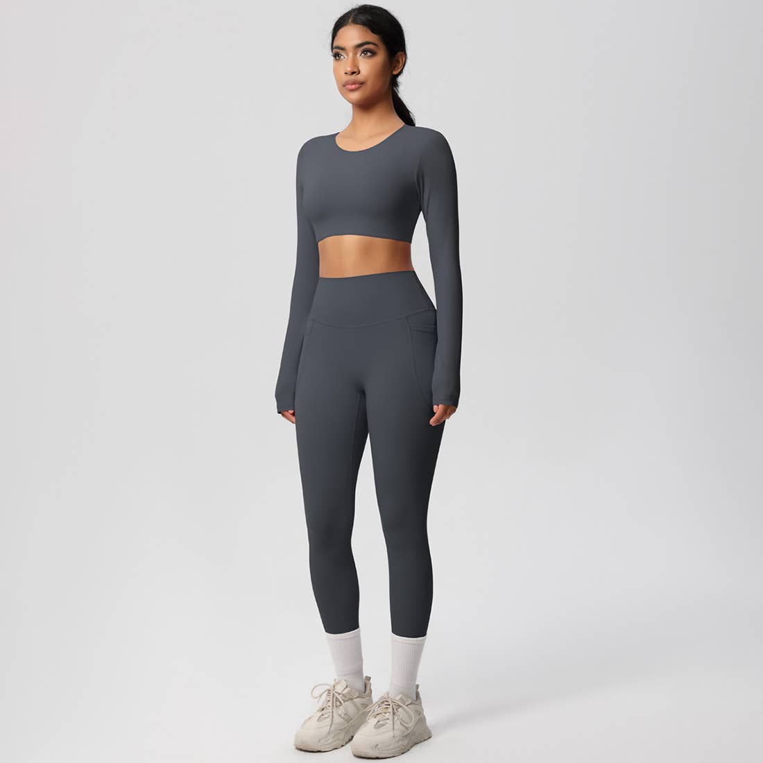 Sodalemon - Wholesale Activewear Set - Women's - Women High-Waist Yoga Set:Cropped Long Sleeve Top + Leggings7