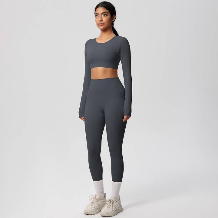 Sodalemon - Wholesale Activewear Set - Women's - Women High-Waist Yoga Set:Cropped Long Sleeve Top + Leggings7