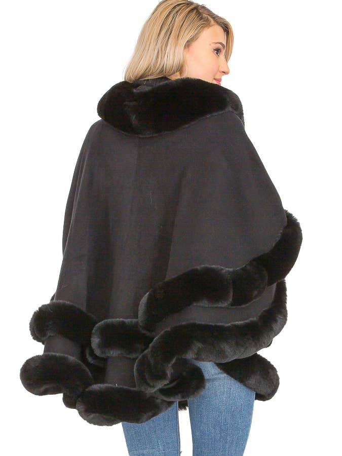 Cap Zone - Wholesale Cape - Women's - Faux Fur Lined Hooded Open Silhouette Shawl Cape