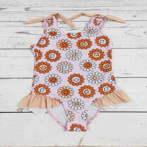 Toddler Girls Sunflower Print Ruffle Trim One Piece Swimsuit
