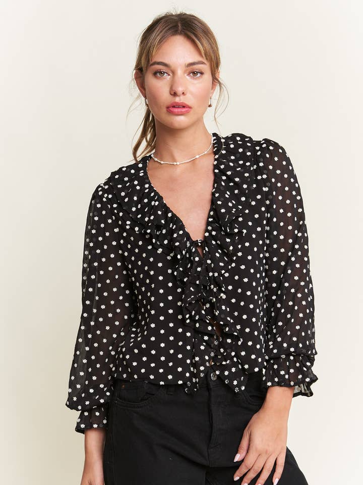Black Ruffle Printed Semi-sheer Top for wholesale by In The Beginning