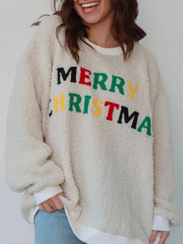 White MERRY CHRISTMAS Multicolor Embroidered Sherpa Pullover Sweatshirt for wholesale by Lovesoft