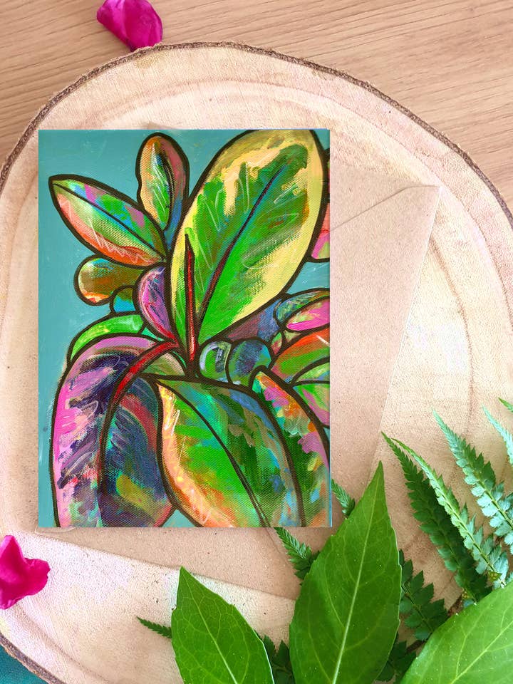 Ficus Rainbow Leaf - Carte de vœux A6 pour la vente par Plant Based Paintings