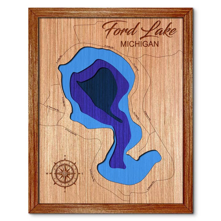 Mappa di Profondità del Lago Ford Fontana Michigan Arte da Parete per la vendita all'ingrosso da parte di Premier Gifts and More