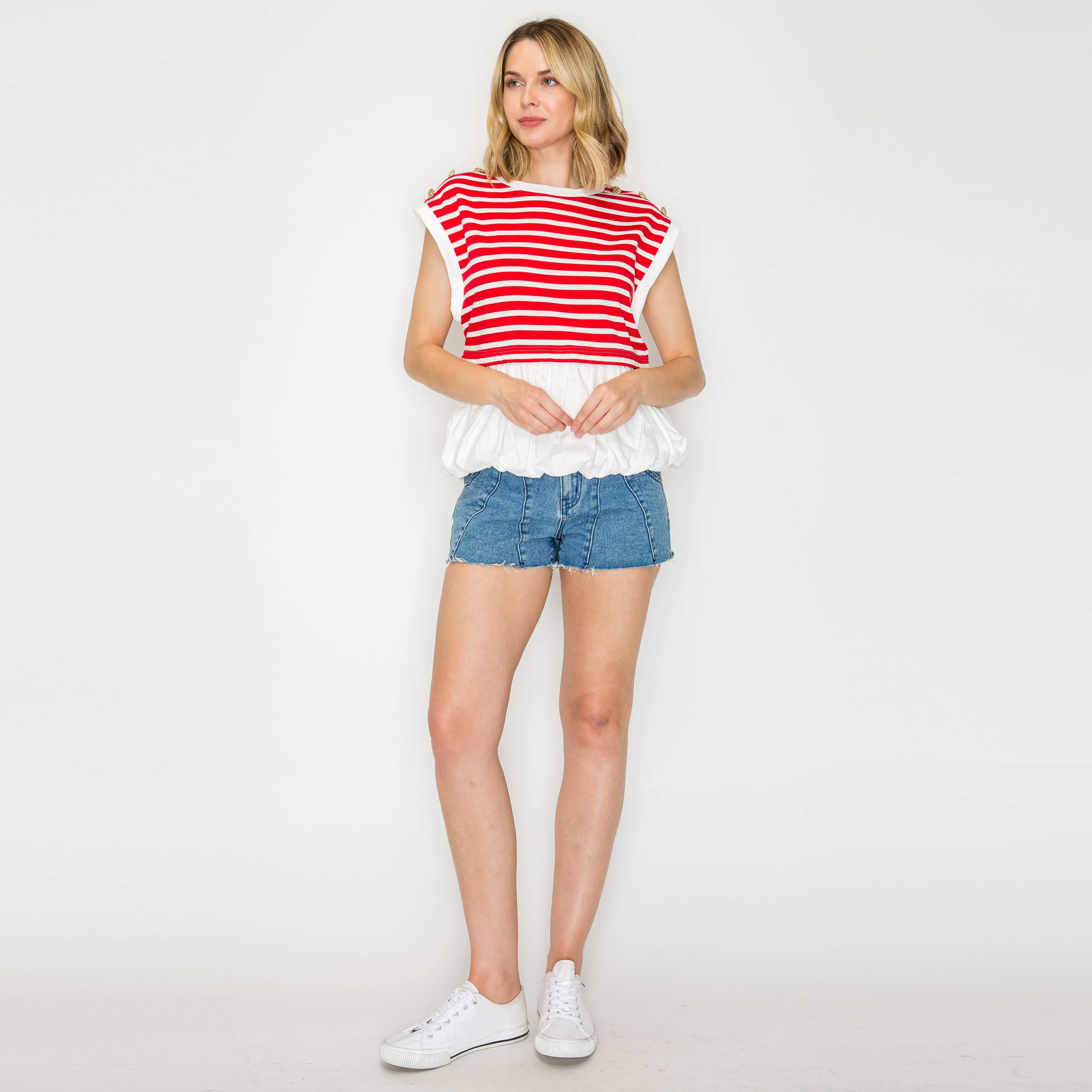 LoveWednesday - Vente Chemisier – femme - Haut à volants à bulles avec rayures rouges - LWT20683