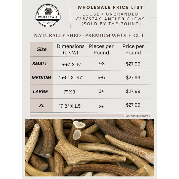 WhiteTail Naturals - Venta al por mayor Hueso/rollito masticable - Perros - A GRANEL - Corte Entero - Masticables de Asta de Alce - Vendidos por Libra