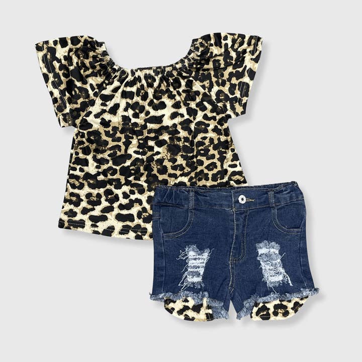Cheetah Off The Shoulder Denim Shorts Outfit Kids for wholesale by ILTEX Apparel