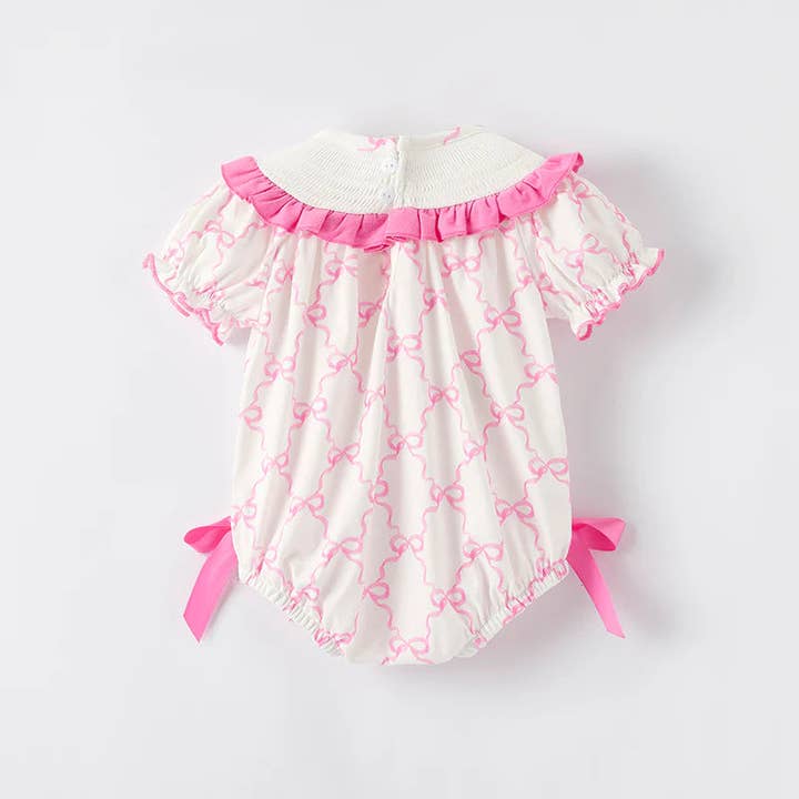 Auraquise - Wholesale Bodysuit (Non-Footed) - Baby - Baby Summer Pink Bow Smocked Embroidered Bubbles Romper
