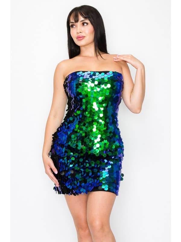 Kimcine - Wholesale Dress - Women's - KD9618-Mesh Round Spangle Sequins Tube Mini Dress