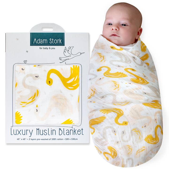 Adam Stork - Wholesale Swaddle - Baby - Muslin Swaddle Blanket Newborn Baby Girl Yellow Mango Swan