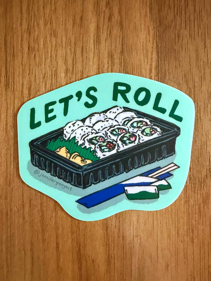 Sushi Takeout Delivery Pun Let’s Roll Foodie Sticker Decal for wholesale by Jennifer Yung Art
