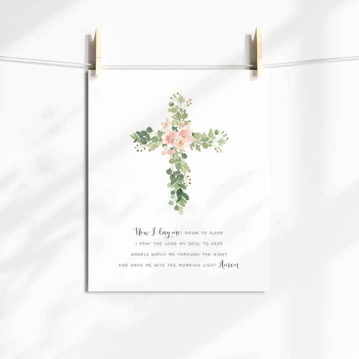Floral Christian Cross & Prayer Wall Art Print Nursery Decor for wholesale by Pink Pineapple