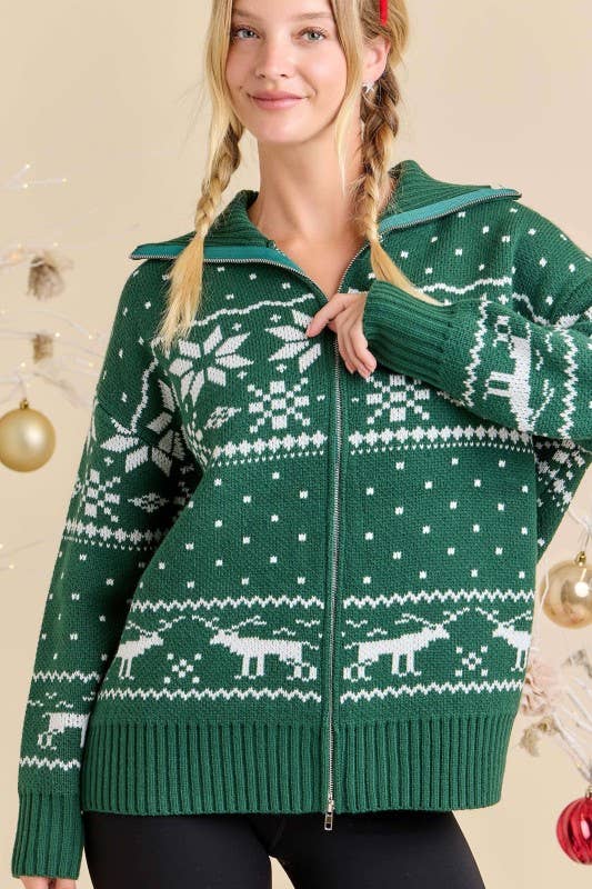 HUNTER GREEN Nordic Zip-Up Holiday Knit Cardigan – Ready to Ship Winter❄ for wholesale on Faire6