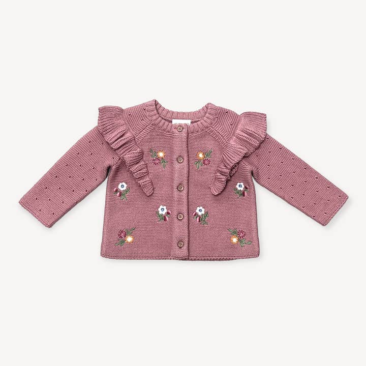 Vintage Rose Floral Embroidered Ruffle Chunky Knit Baby Cardigan- Organic for wholesale on Faire