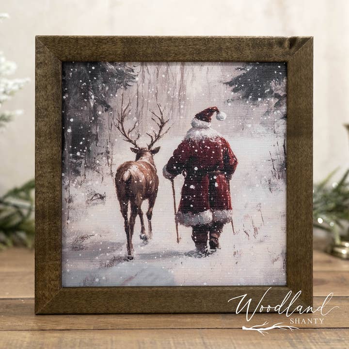 Santa and Reindeer Framed Shelf Sitter Sign for wholesale by Woodland Shanty