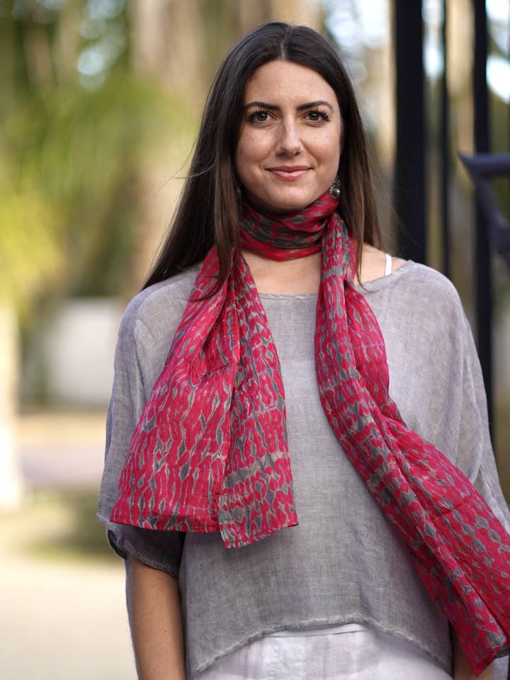 Savannah Shibori Silk Scarf Crimson Grey for wholesale by Dolma