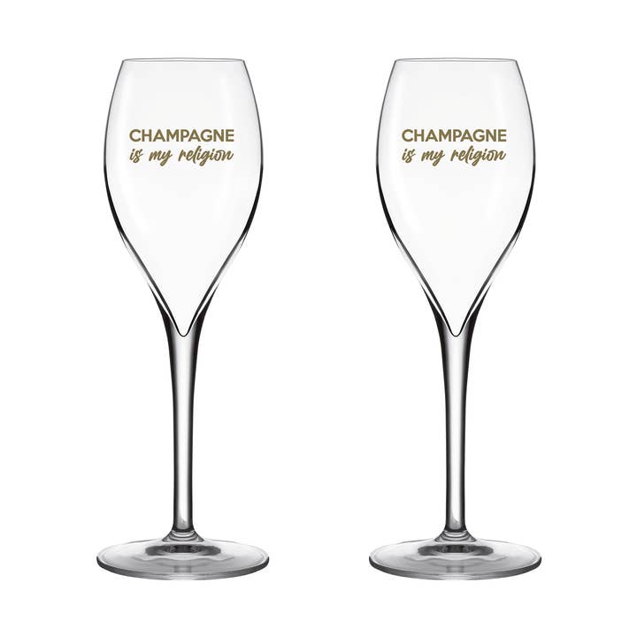 Champagnerflöten-Duo „Champagne is my religion“ für den Großhandel von Les Cornichons
