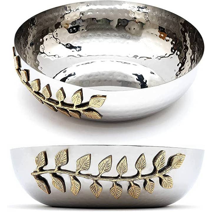 The Wine Savant / Khen Glassware - Wholesale Bowl - Silver Hammered Bowl with Golden Leaf Vine, Metal & Brass