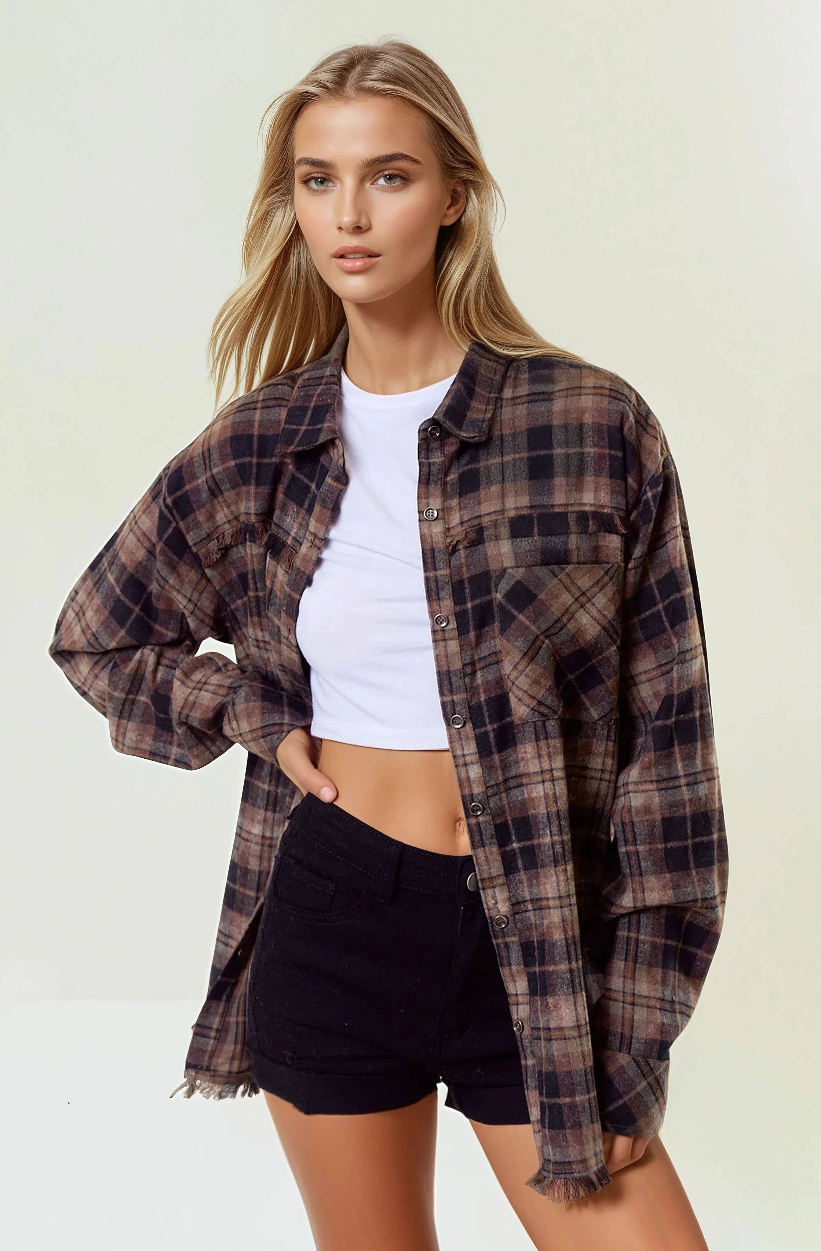 Doe and Rae - Wholesale Button Down Shirt - Women's - Plaid Flannel Shirt W/ Frayed Detail - 44703T1