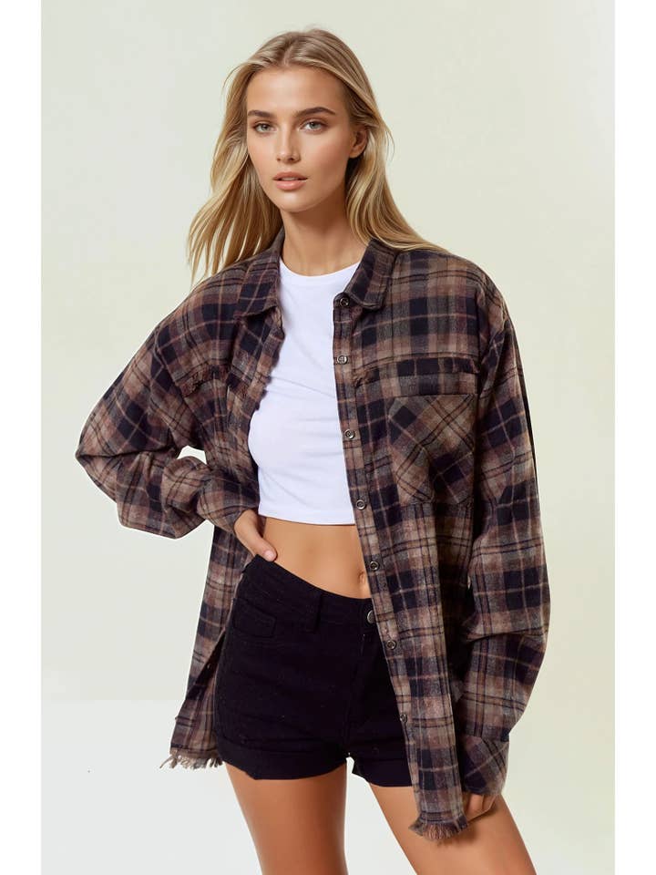 Doe and Rae - Wholesale Button Down Shirt - Women's - Plaid Flannel Shirt W/ Frayed Detail - 44703T1