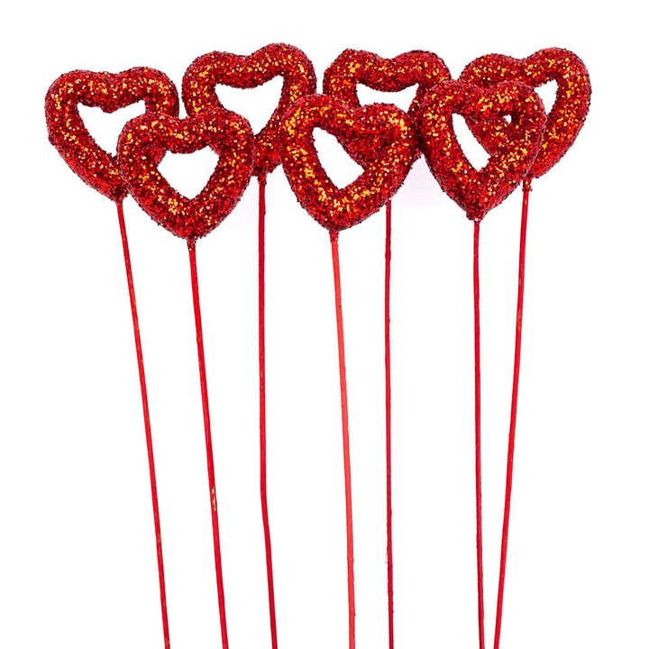 Factory Direct Craft - Wholesale Artificial Flowers - 8" Red Glitter Valentine Heart Picks (Pack of 7 Picks)5