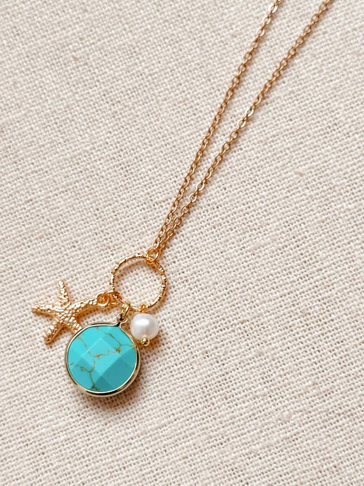 Gold Turquoise Starfish Cluster Charm Necklace for wholesale by Gracie Rose Designs
