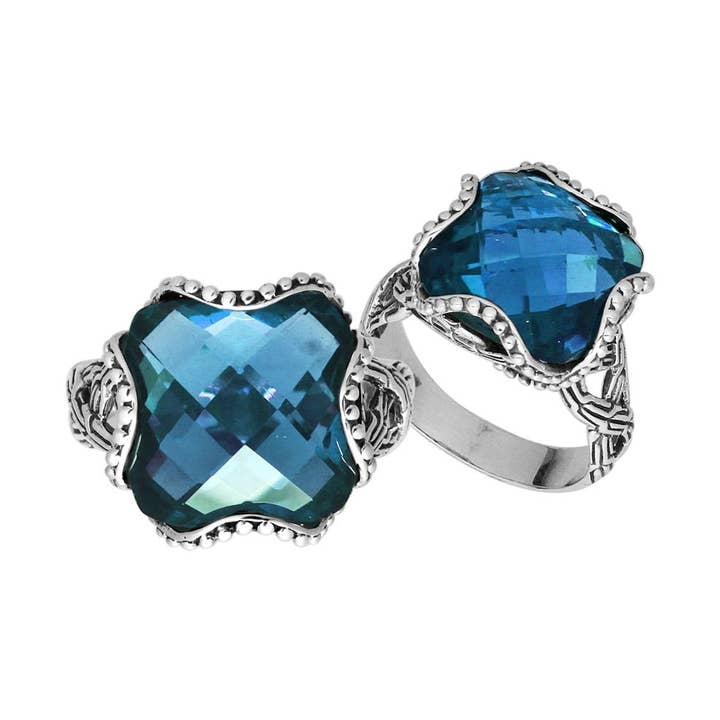 Anello in quarzo topazio blu Londra in argento sterling AR-6183-LBT con bordo a perline - Gioielli artigianali all'ingrosso per la vendita all'ingrosso da parte di Bali Designs