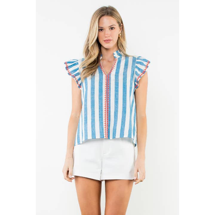 Flutter Sleeve Striped V-Neck Top for wholesale by THML