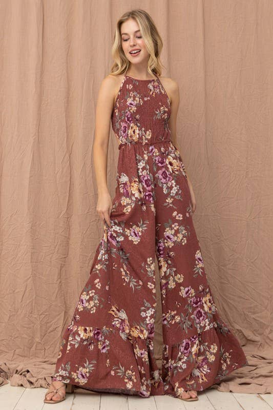 Wine Jacquard Wide Leg Halter Jumpsuit for wholesale on Faire8