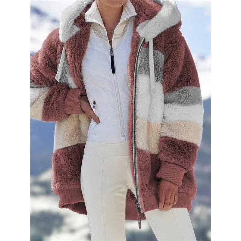 Ekartini - Vendita all'ingrosso Pelliccia/Pelliccia sintetica - Donna - Giacca invernale da donna alla moda in peluche patchwork con tasca con cerniera Giacca invernale con cappuccio Cappotto a maniche lunghe allentato retrò13
