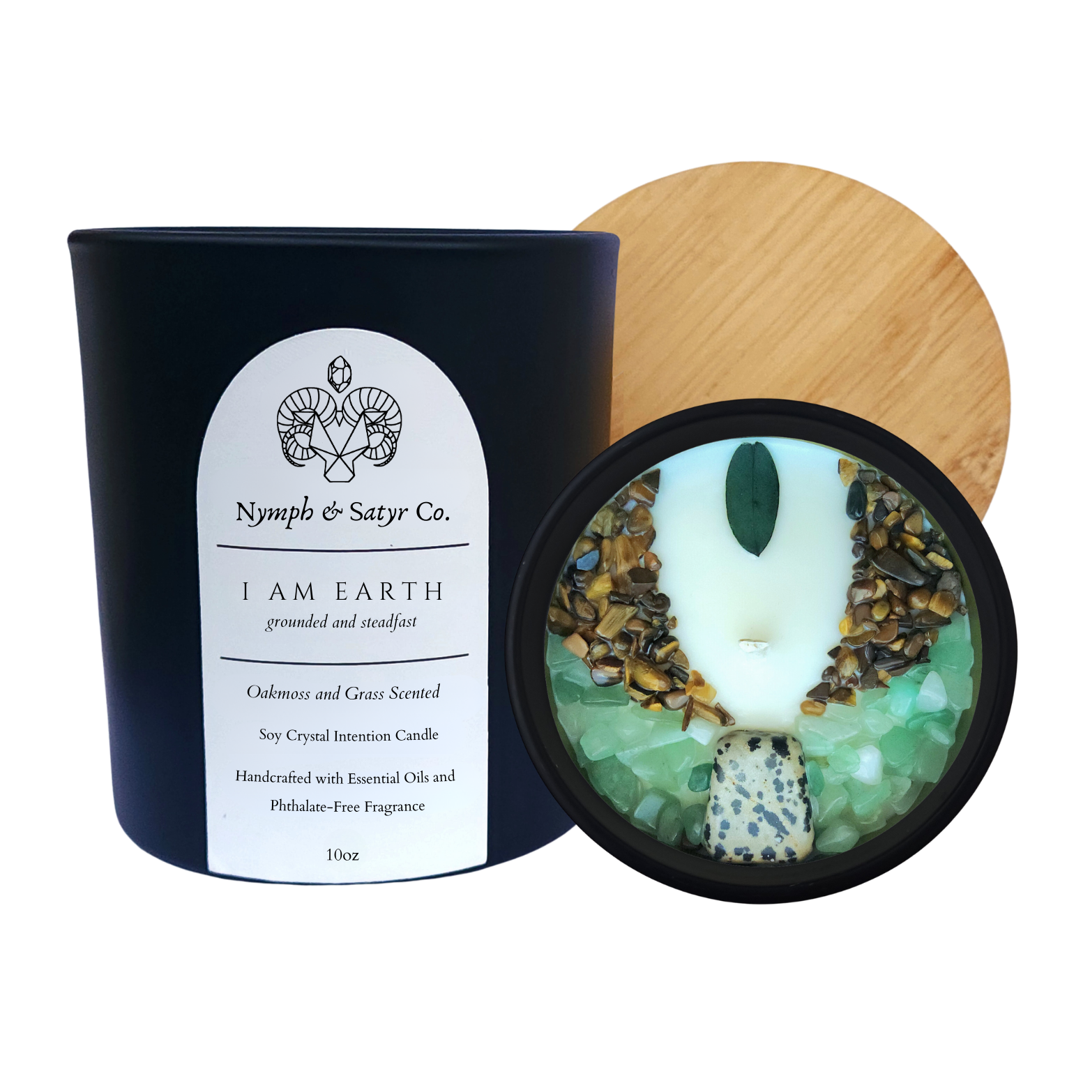 Nymph & Satyr Co. - Wholesale Jar/Filled Candle - I AM EARTH • 10oz Soy Crystal Candle (Black Glass)0