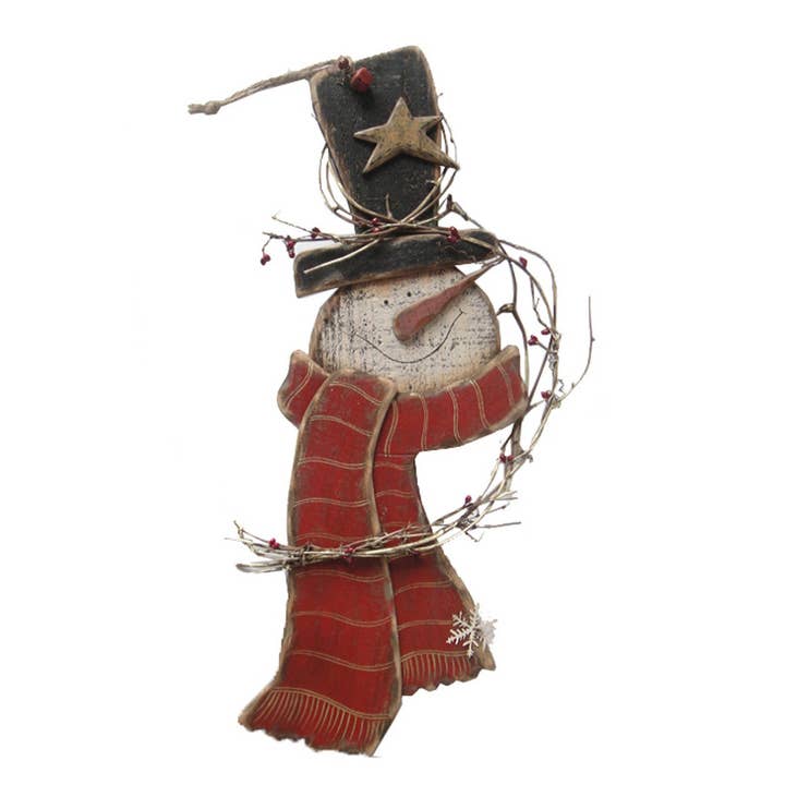 Wooden Snowman Head With Berries And Twigs, Hanging - 14" Tall for wholesale by Birch Maison