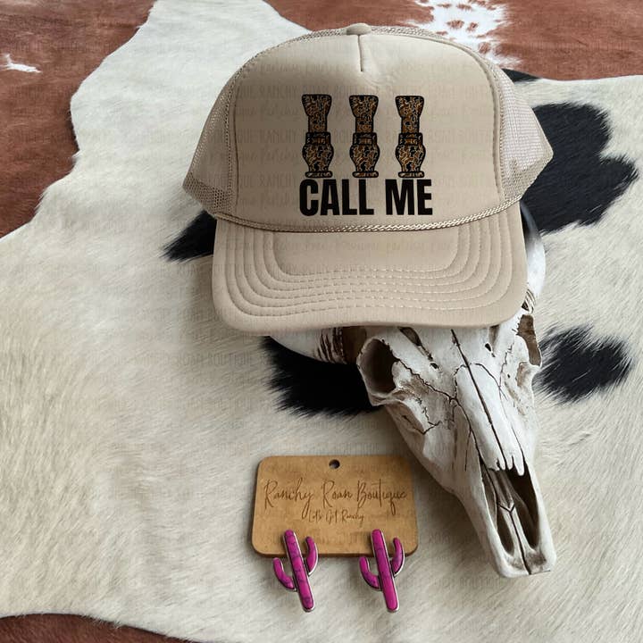 Call Me Western Camo Hunting Trucker Hat for wholesale by Ranchy Roan Boutique