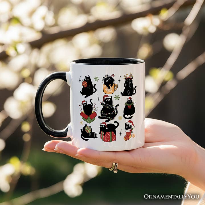 Christmas Black Cats Gift Mug, Whimsical Cats with Santa Hat for wholesale on Faire2
