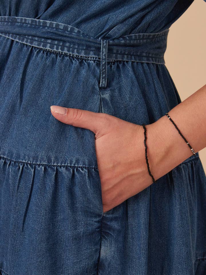 Womens Denim Washed Belted V Neck Dress for wholesale on Faire8