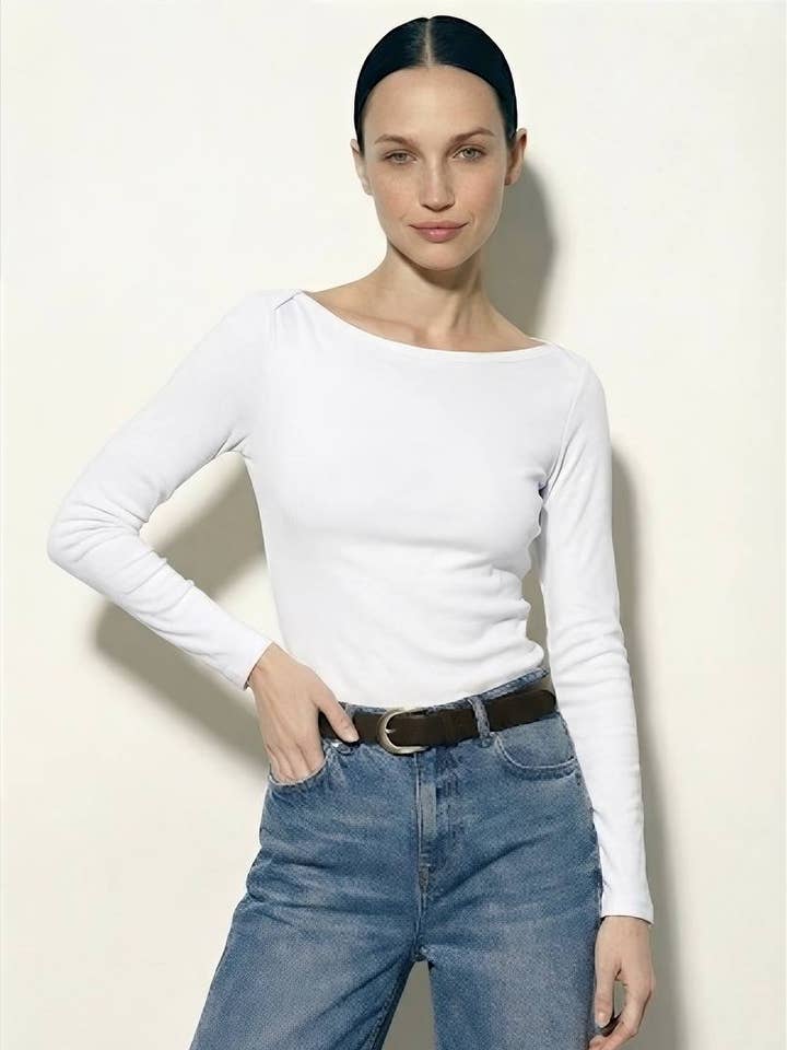 Bådudskæring Langærmet Ribbet Top for engroshandel hos Anaz