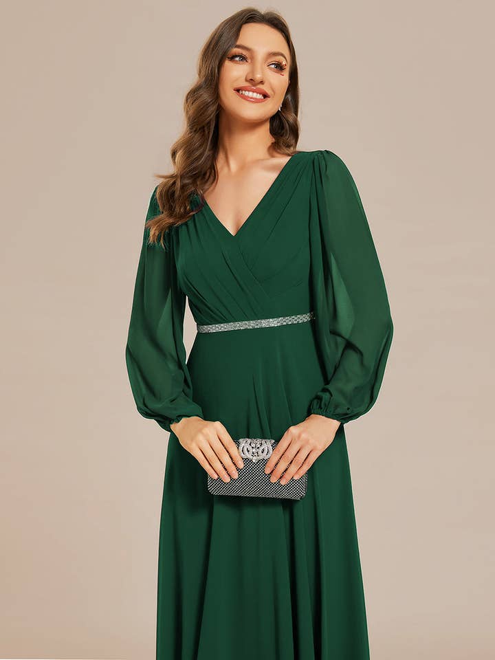 Ever-Pretty - Wholesale Gown - Women's - Elegant waisted chiffon V-neck Long Sleeve guest Dress30