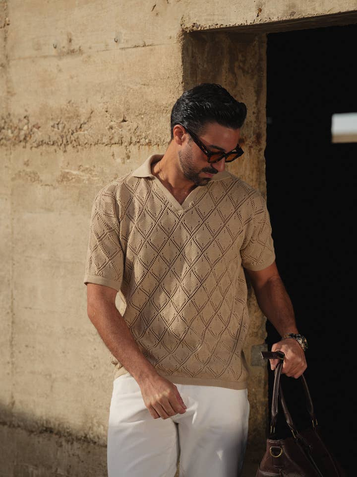 DONATO - Vendita all'ingrosso Polo - Uomo - CAMICIA POLO A COLLO APERTO CON DESIGN GEOMETRICO COLOR TORTORA13