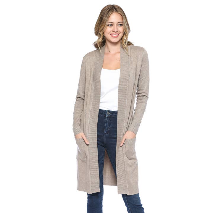 Premium Open Front Pocket Duster Cardigan Camel Plus Size for wholesale by Urban Look