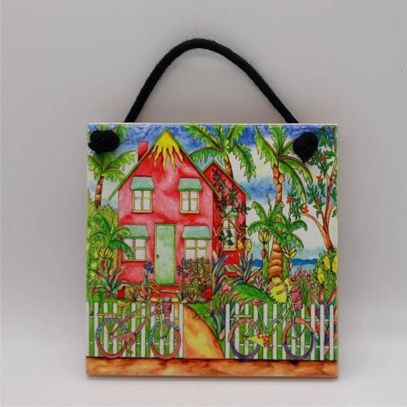 Florida Vibes Art / Mungo Key Designs - Wholesale Muurtegel - Twee fietsen strandhuisje keramische tegels1
