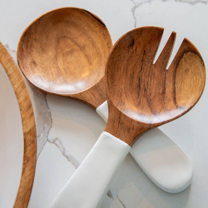 Wood + White Collection Acacia Wood Salad Servers for wholesale by Jeanne Fitz